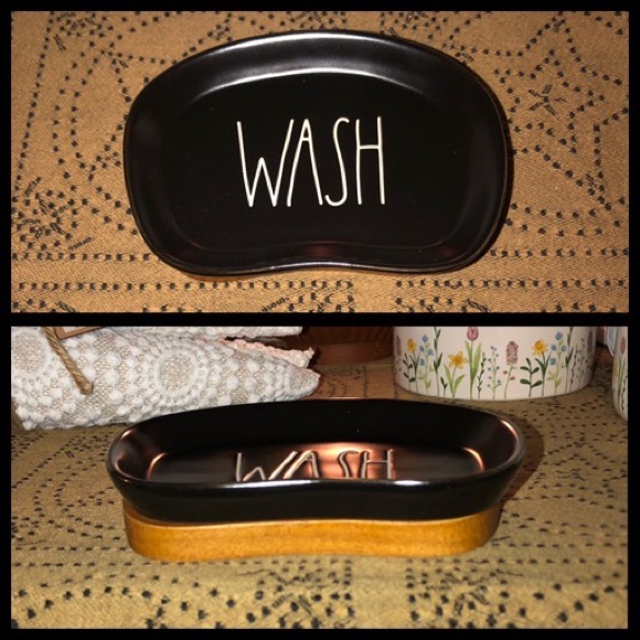 Rae Dunn Other - Rae Dunn WASH Black Soap Dish Wood Bottom